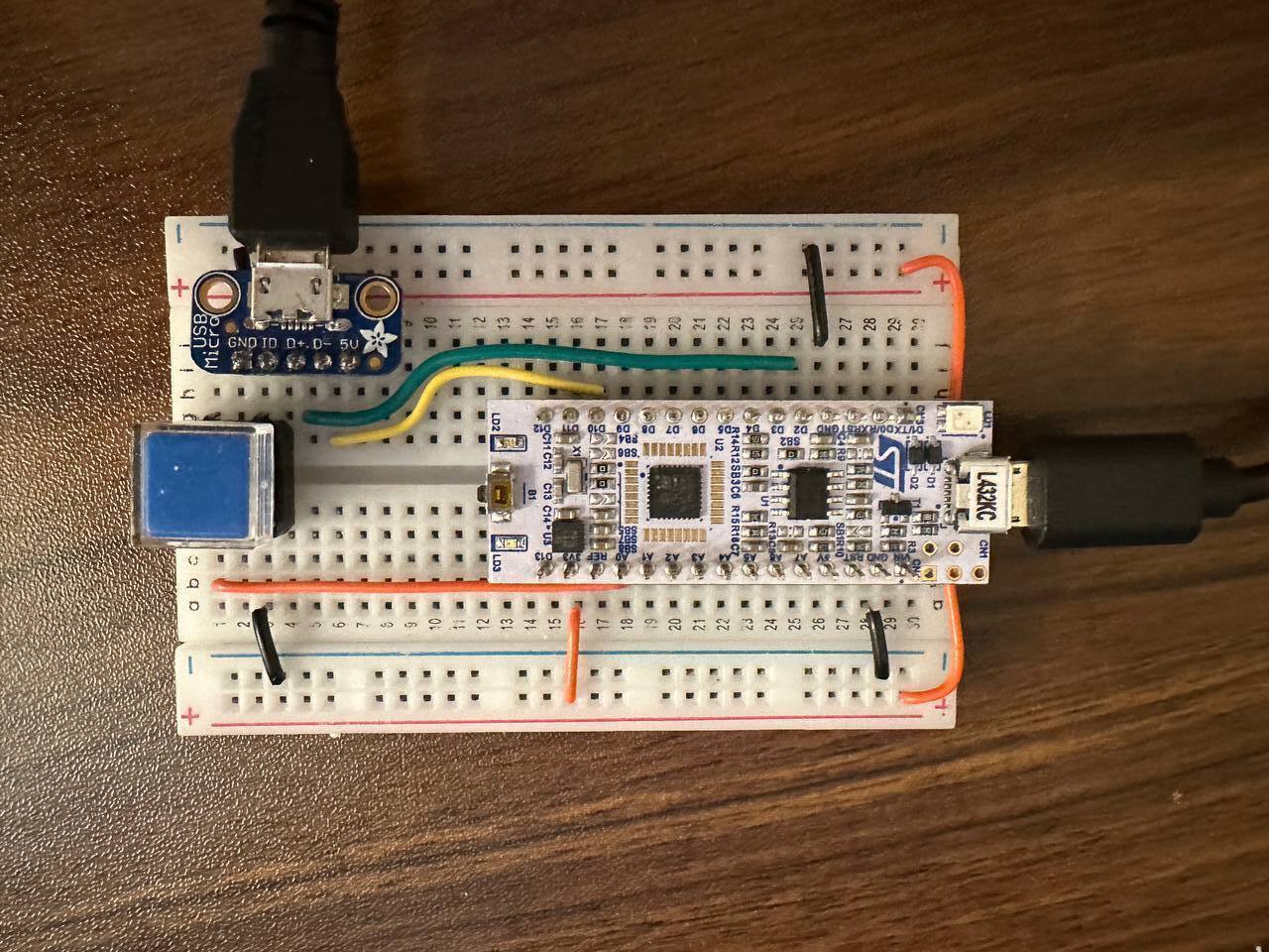 Plat's hardware consists of an
STM32L432KC development board, a peripheral USB port, and a button.
